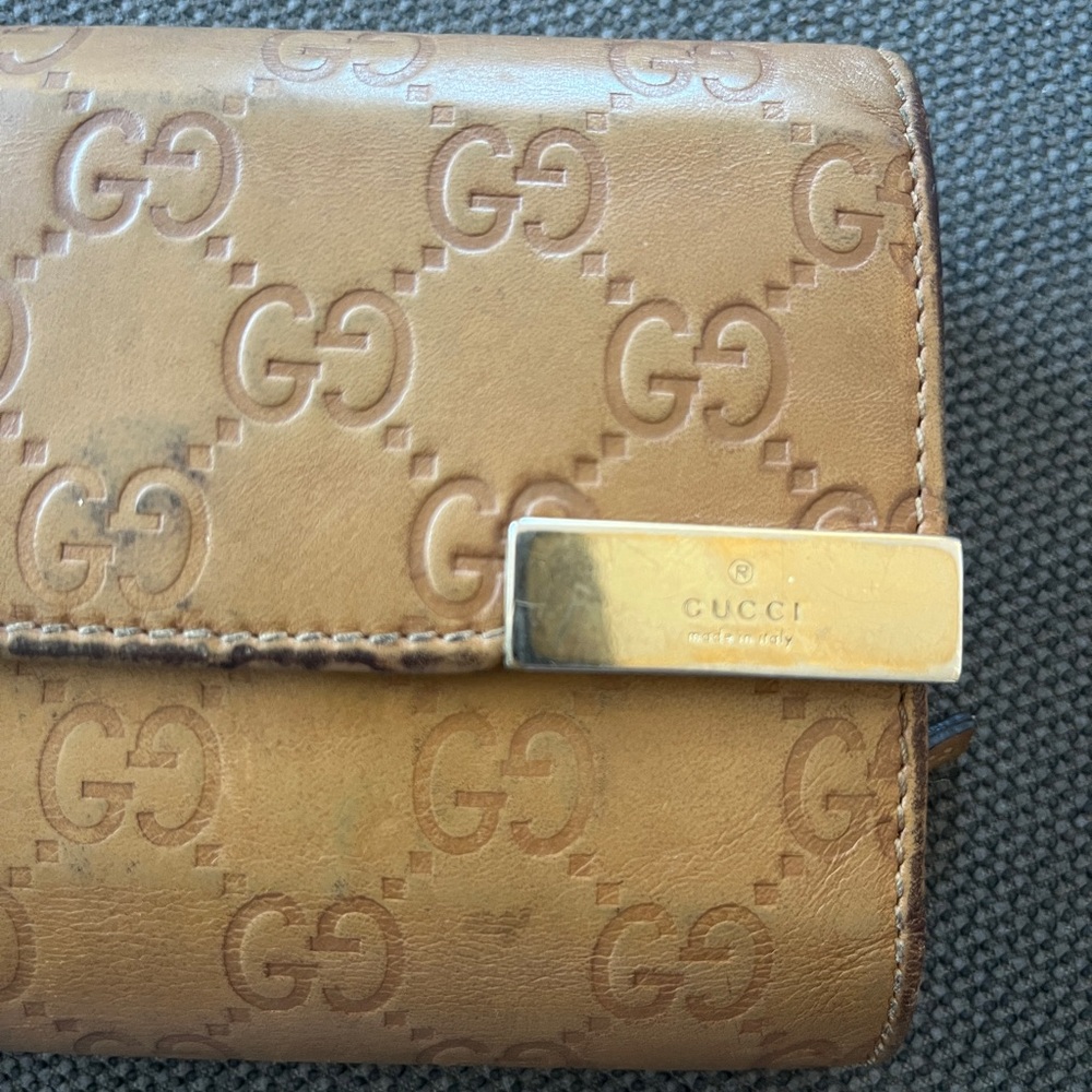 Gucci Tan Embossed GG Leather Wallet with Gold Plaque